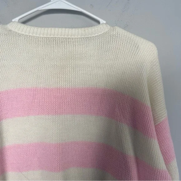 Vintage women’s Striped Floral Crew Neck Sweater Pink Cream sz XL - Picture 3 of 4
